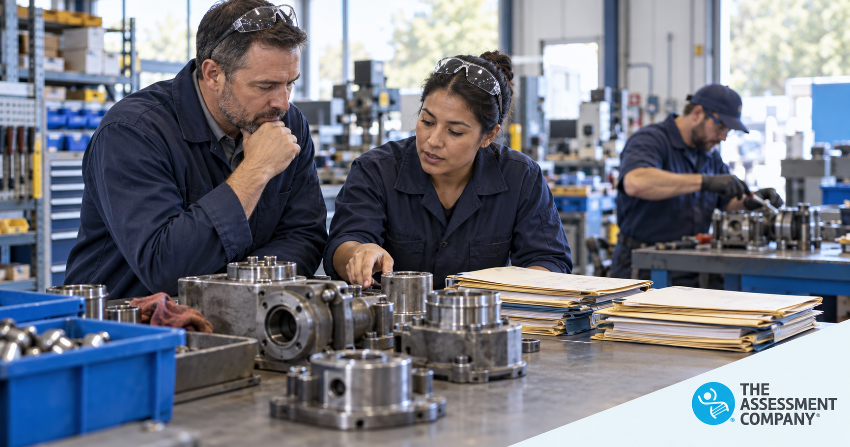Illustrative scene of an operations leader and supervisor reviewing unfinished work and handoffs in an industrial service workshop