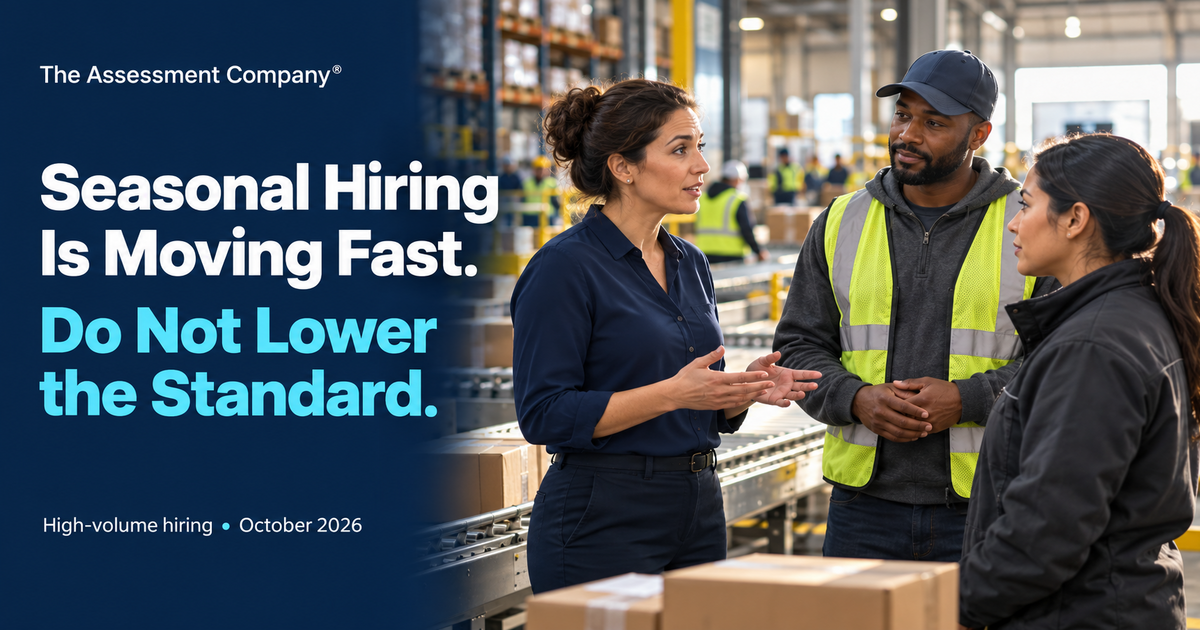 An operations manager speaks with a seasonal applicant and frontline supervisor inside a parcel distribution center, illustrating fast, consistent high-volume hiring.